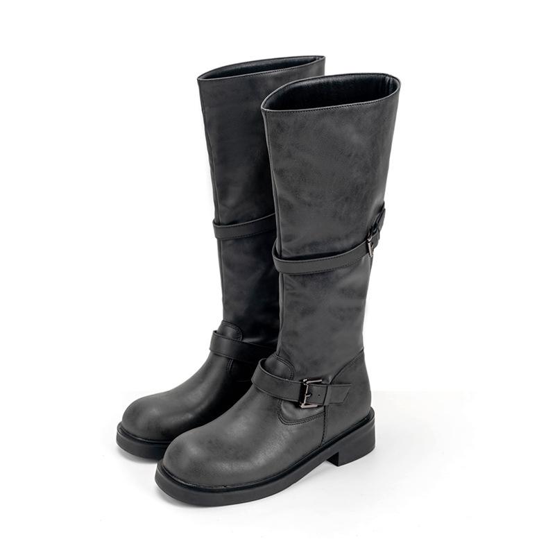 Модные ретро сапоги-рыцари с круглым носком на толстой подошве, с полировкой под старину, женские сапоги на среднем и высоком толстом каблуке, универсальные сапоги в стиле милитари