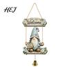 Wooden Gnome Door Decor Hanger with Bell, Country Garden Welcome Sign Farmhouse Style Swing Wall Plaque, Hanging Ornament for Porch Yard Outdoor Wood