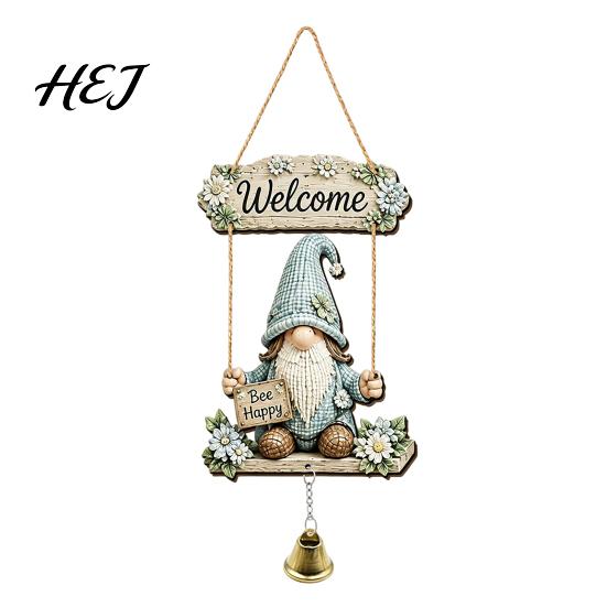 Wooden Gnome Door Decor Hanger with Bell, Country Garden Welcome Sign Farmhouse Style Swing Wall Plaque, Hanging Ornament for Porch Yard Outdoor Wood