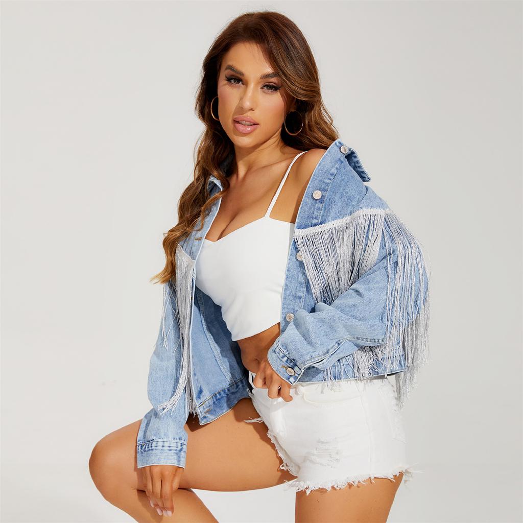 Весенне-осенняя джинсовая куртка женская модная куртка с лацканами и бахромой