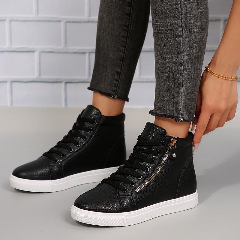 Large Size Shoes Women's Platform Laceup Crocodile Pattern Hightop Casual Flat Baseplate Shoes Tide Couple Shoe Batch