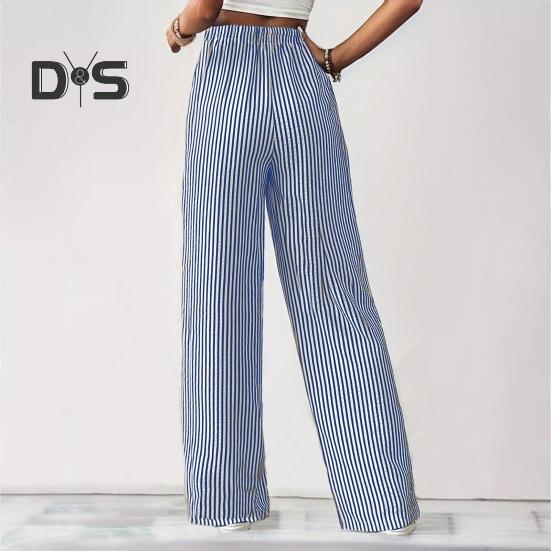 Женские брюки, регулируемые по талии, с эластичной резинкой на шнурке, длинные брюки средней посадки с карманами, широкие повседневные брюки с полосатым принтом