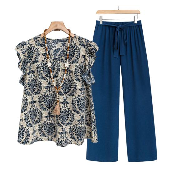 Комплект из 2 предметов: женский топ и брюки, круглый вырез, ретро-принт, короткие рукава, блузка, широкие брюки с эластичной резинкой на талии, повседневный свободный наряд для бабушки