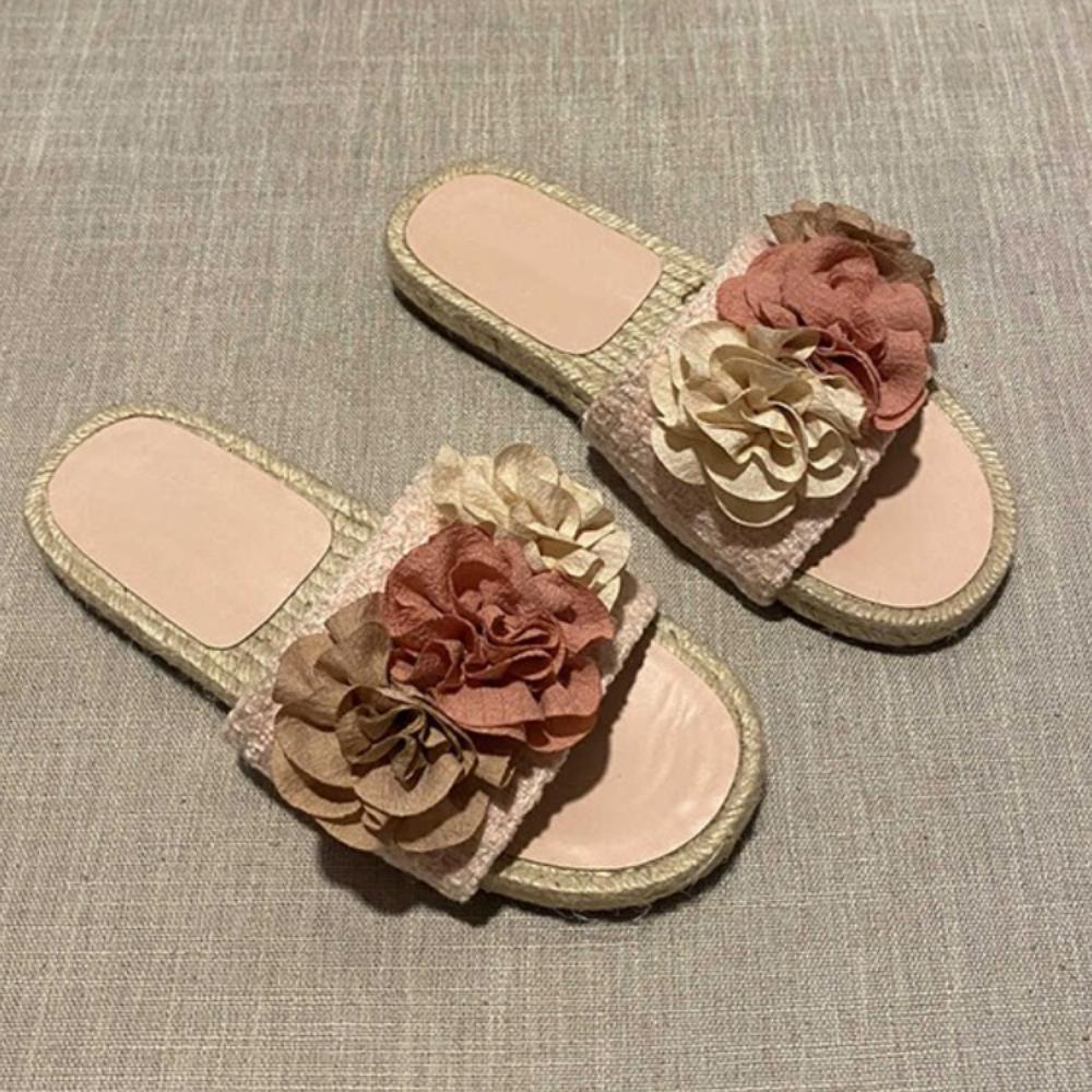 Fashion Women Flower Decoration Flat Slippers Chanese Style Braided Bottom Slip On Women Sandals Summer Soft Lightweight Femme Slides