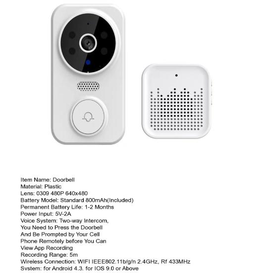 1 Set Wireless Door Bell with Receiver High Resolution Camera 2.4G WiFi Remote Video Visual Two-Way Audio Night Vision Cordless Security Doorbell