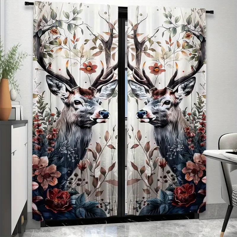 Flower Deer Printed Curtains Pole Bag Polyester Material Design Bedroom Home Decoration Curtain Set Of 2 Made Washable Master Ready