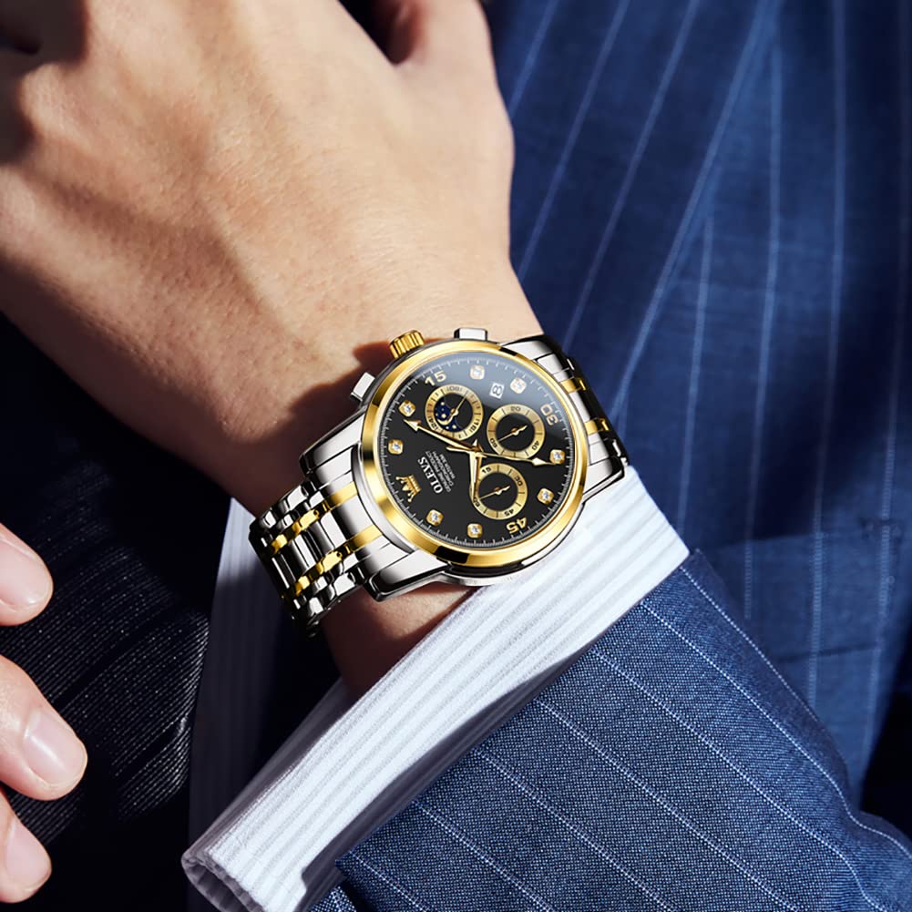 Olevs Fashionable Watch Popular Analog Quartz Arm Watch Waterproof Business Adjustable Watch Black Metal Band Watch Date Casual Cool Black Large Dial