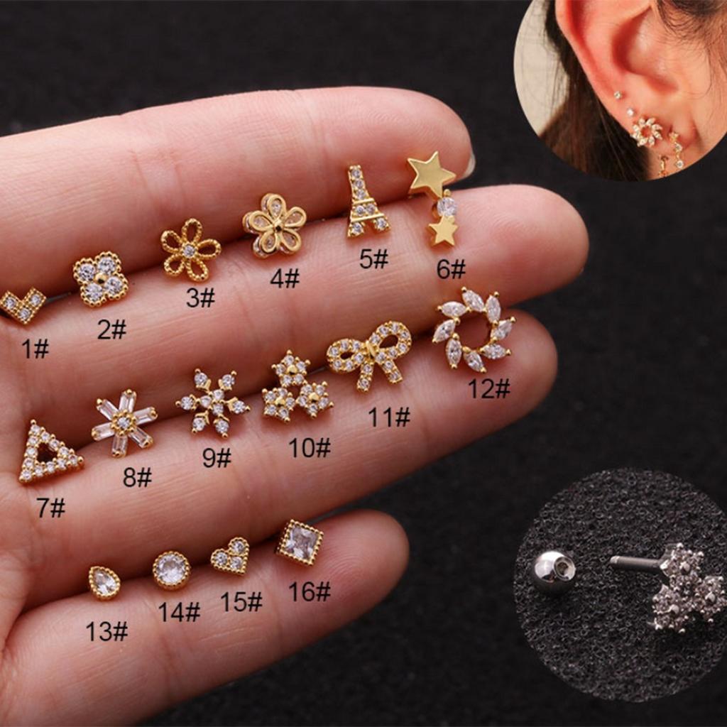 Triangle Heart Flower Tower Cz Ear Studs Helix Piercing Cartilage Earring Conch Rook Tragus Stud Ear Piercing Jewelry