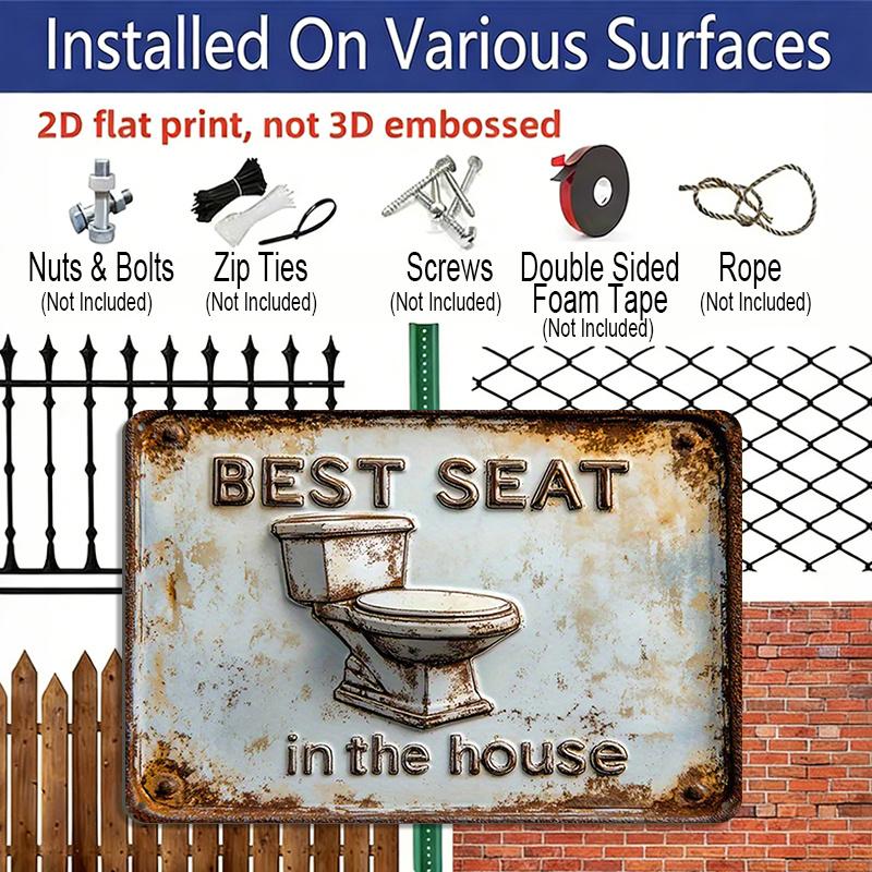 2D Flat, 1pc "Best Seat in The House" Toilet Aluminium Sign 8x12 Inch - Vintage Rustic 3D Toilet Design, Funny Bathroom Quote Metal Wall Decor