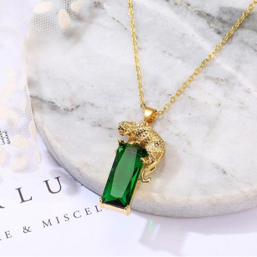 Golden Panther Pendant Necklace with Green Tourmaline Crystal Silver Jewelry for Women