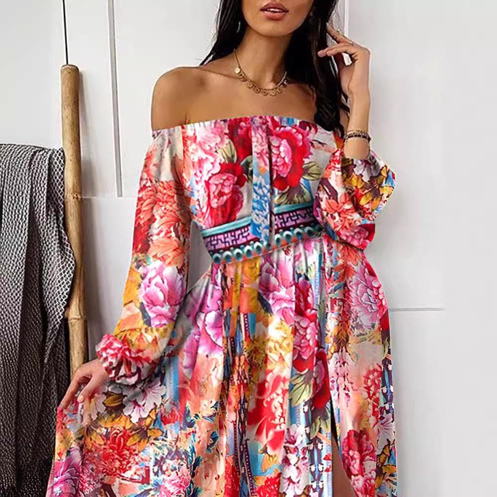 Винтажное платье с V-образным вырезом, длинным рукавом и разрезом, с европейским и американским принтом