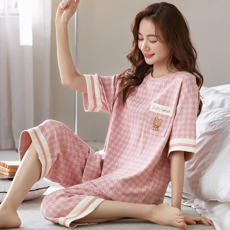 Женская пижама, летняя, трикотажная, хлопковая, тонкая, с короткими рукавами, для девочек, простая, модная, повседневная, с круглым вырезом, домашняя одежда, милая, мягкая, с рисунком, для отдыха