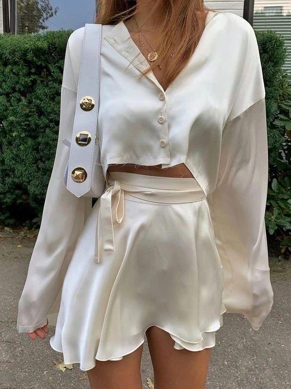 Casual Fashion Solid Color Women's Shirts Puff Sleeves Elegant Tops Shorts Casual Suit