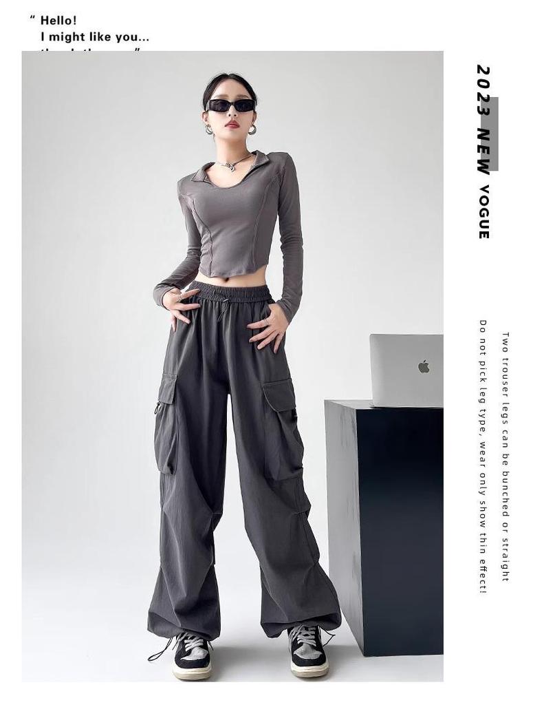Женские ветрозащитные брюки-карго с высокой талией и широкими штанинами - Черные, Коллекция Весна/Лето 2025