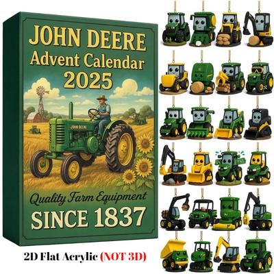 Адвент-календарь John Deere 2025, Коллекция плоской 2D акриловой сельскохозяйственной техники с 24 елочными игрушками-тракторами, Игрушка в винтажном дизайне для детей, Рождественский подарок на день рождения