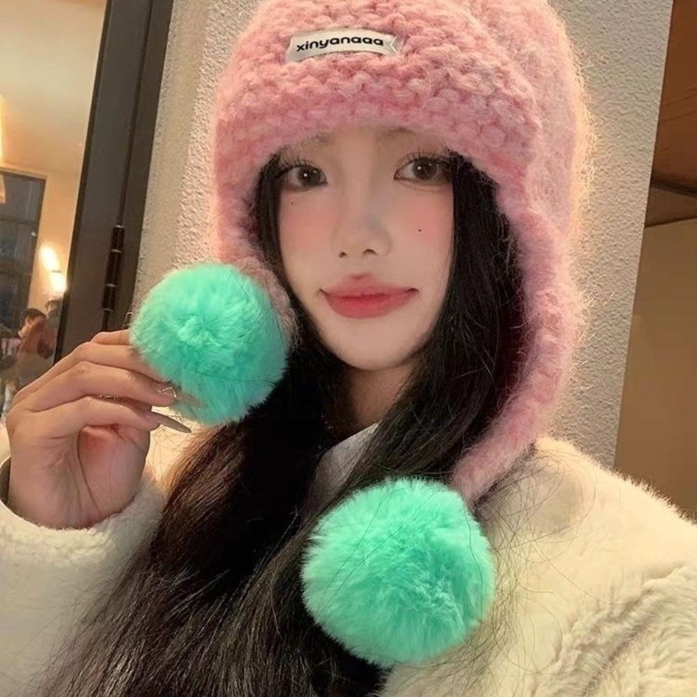 Модная Осенняя Зимняя Женская Вязаная Шапка Пушистый Помпон Милые Теплые Шапки-Бини Y2k Универсальные Шапки для Защиты Ушей Девочки