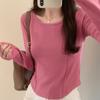 Однотонная футболка с глубоким вырезом, правым плечом и длинными рукавами для женщин, новый стиль на осень и зиму, облегающий крой, тонкий внутренний слой сверху