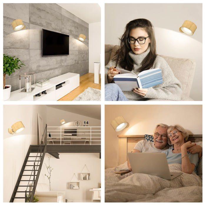 Applique murale LED rechargeable AIMOONSA - grain de bois marron, tactile, USB‑C, 3 températures, 3 niveaux, pivot 360°