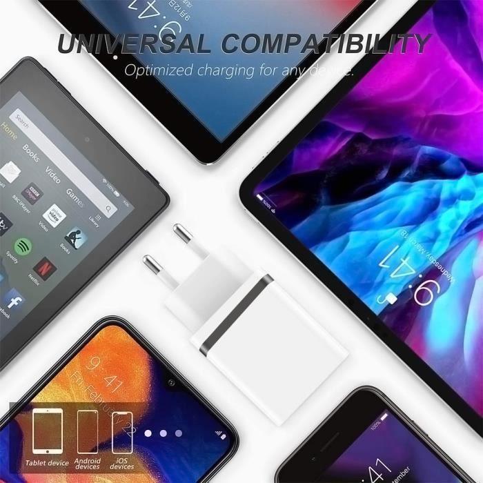 Chargeur Secteur - e.F.Connection - 2 Ports PD+QC 3.0 - Câble USB-C 1M - Noir/Blanc