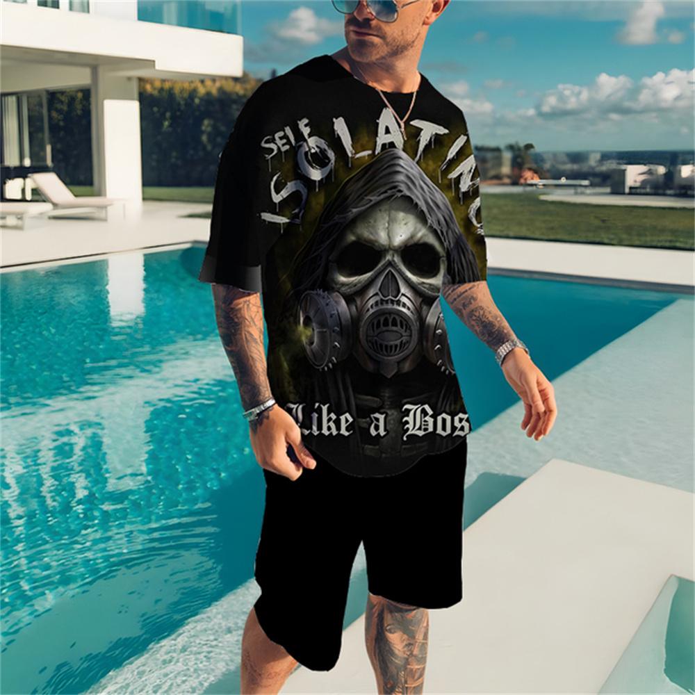 Летняя мужская футболка с коротким рукавом, шорты, костюм с 3D принтом, европейско-американский алфавит, скелет, костюм большого размера, трендовый повседневный пляжный костюм