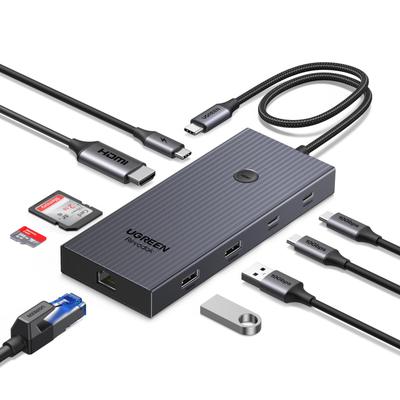 Хаб UGREEN Revodok Pro Поддерживает 10 Гбит/с Передача данных Оснащен картой 4K Gigabit Совместим с 9-в-1 USB-C Передача, HDMI, LAN, PD100W, SD/TF Ридер,