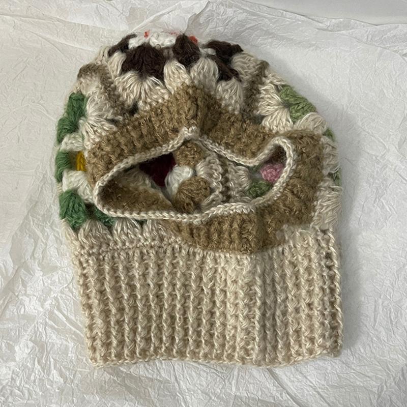 Вязаная балаклава с цветочным узором для студентов, взрослых, ветрозащитная зимняя шапка, шапка для защиты шеи, подростковая шапка для тепла, шапка для велоспорта