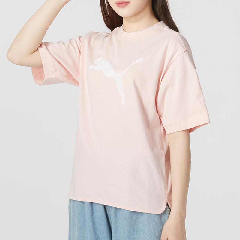 Puma Logo Print Round Neck Loose Short Sleeve T-Shirt Women Tops Pink 676650-66