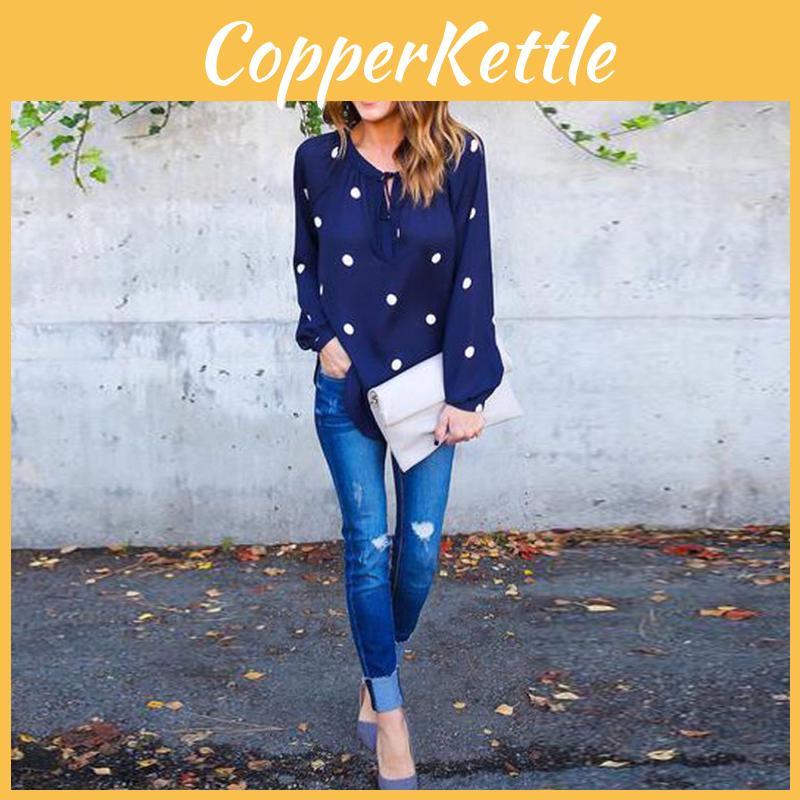 Premium Quality Woman O Neck Long Sleeve Casual Polka Dot Blue Blouse For Everyday Comfort
