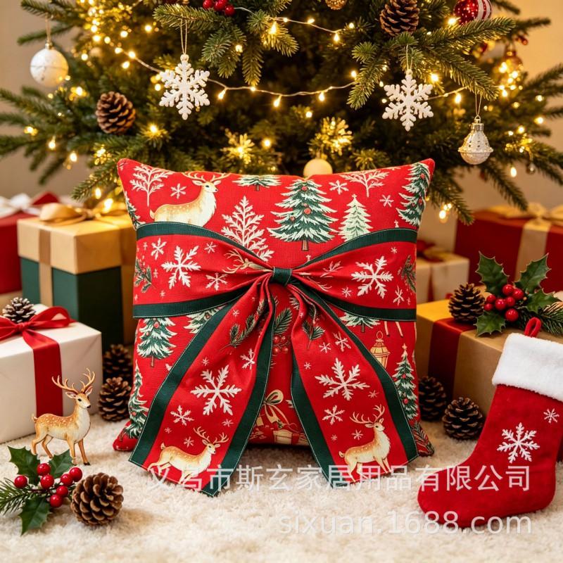 Christmas Pillow Cover With Bow Tie Decorative Square Cushion Case Sofa Chair Living Room Holiday Home Decoration