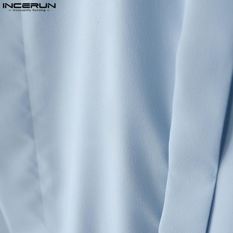 INCERUN Большие мужские рубашки с завязками на шее и коротким рукавом, однотонные, повседневные, с высоким и низким вырезом