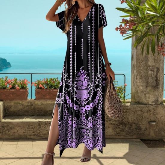 Lady Summer Dress Color Matching Geometric Print V Neck Split Hem Short Sleeves A-line Loose High Waist Casual Daily Wear Maxi Dress