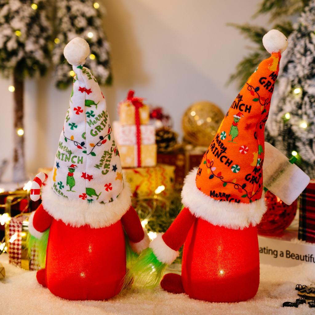 Очаровательная мультяшная плюшевая кукла Гринча со светом, в красно-белой шляпе с принтом для рождественского декора