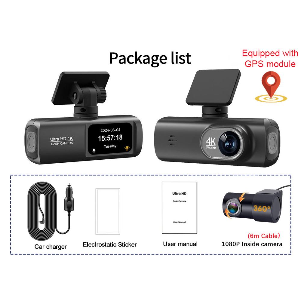 Видеорегистратор спереди и сзади 2.4G WiFi 4K+1080P и экран 1.47" Видеорегистратор с круглосуточным ночным видением, парковочным монитором, циклической записью, WDR GPS