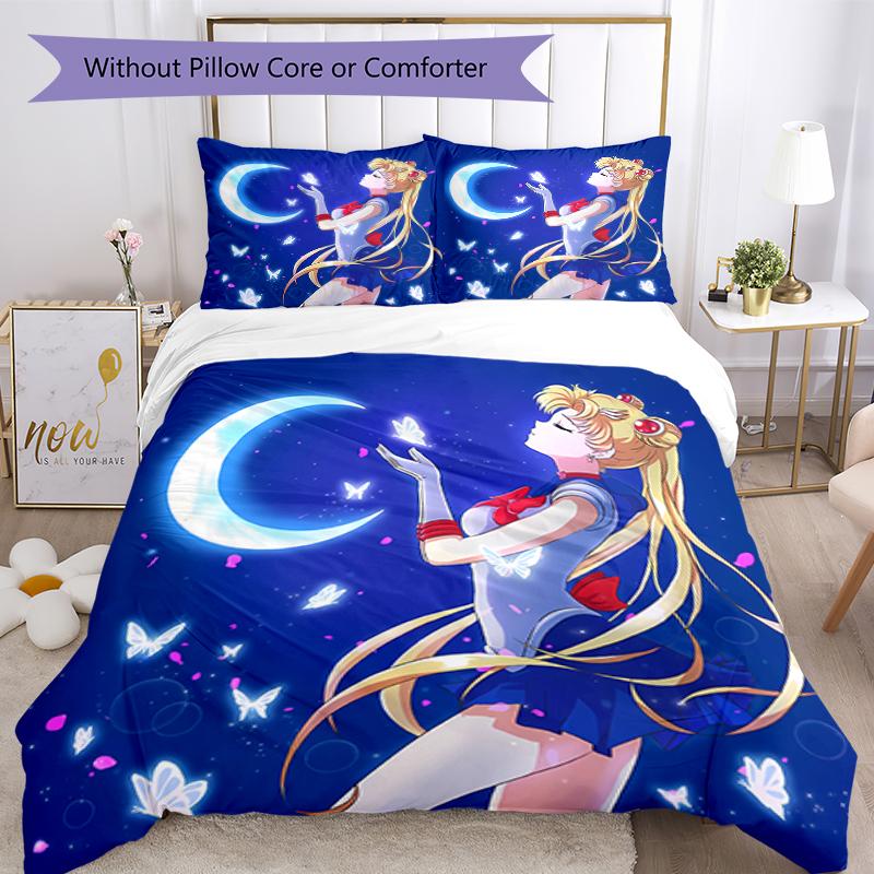 3pcs Sailor Moon pattern bedding set duvet cover set includes duvet cover &pillowcases, perfect all season bedroom decoration & gift