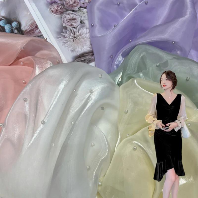 1 Yard Pearl Organza Fabric for Needlework Dress Children Skirts Wedding Diy Sewing Gauze Cloth Glossy Thin Smooth