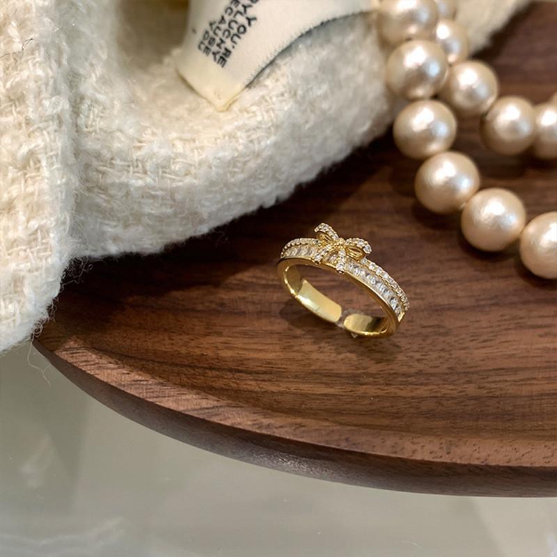 Elegant Korean Style Bowknot Zirconia Ring For Women Adjustable Fashion Accessory