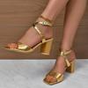 Женские босоножки на высоком каблуке золотистого и серебристого цвета, летние, новые женские босоножки на толстом каблуке с квадратным носком, женские туфли-лодочки с пряжкой на щиколотке, женские