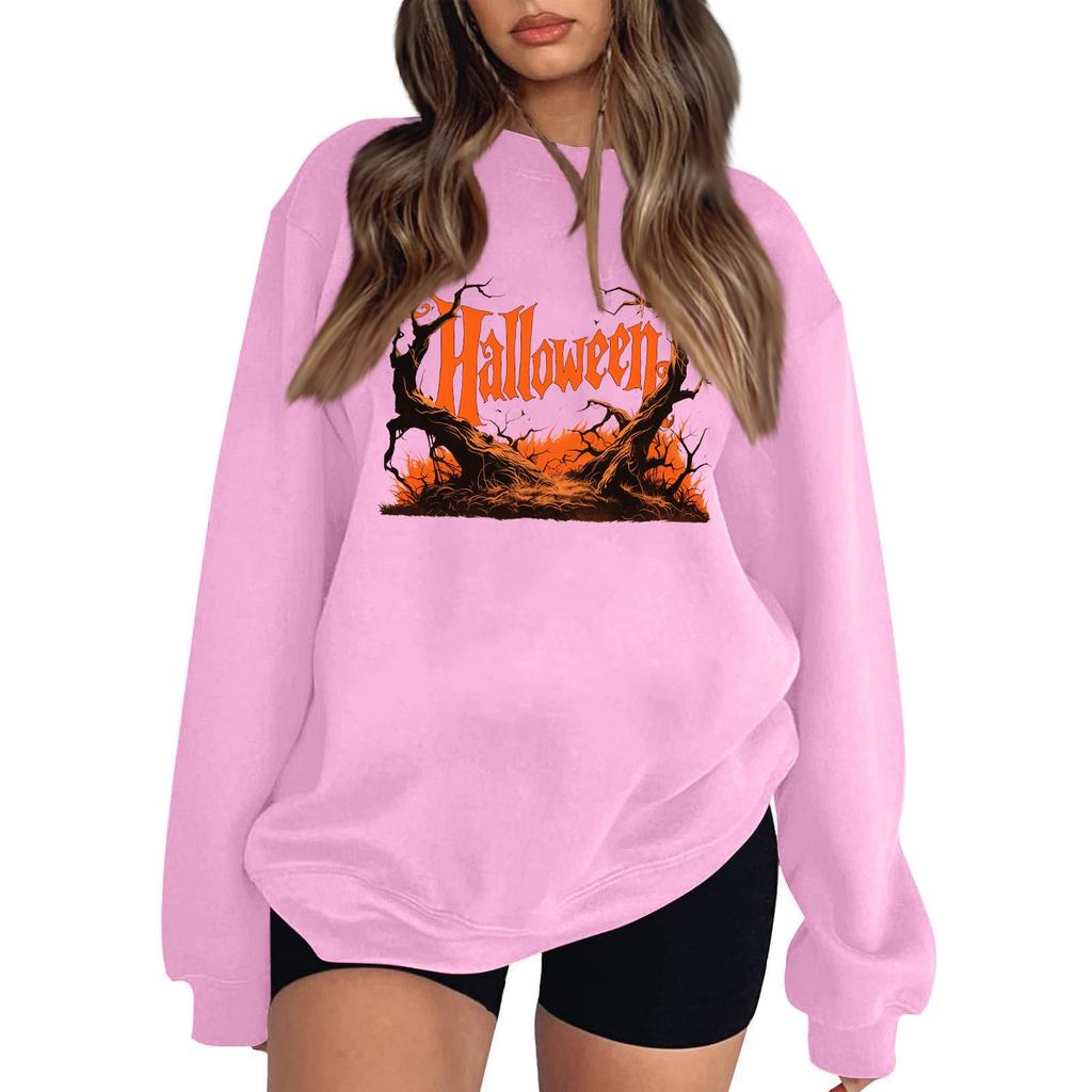 Women's Casual Round Neck Long Sleeved Pullover, Halloween Printed Top, Long Sleeved Hoodie
