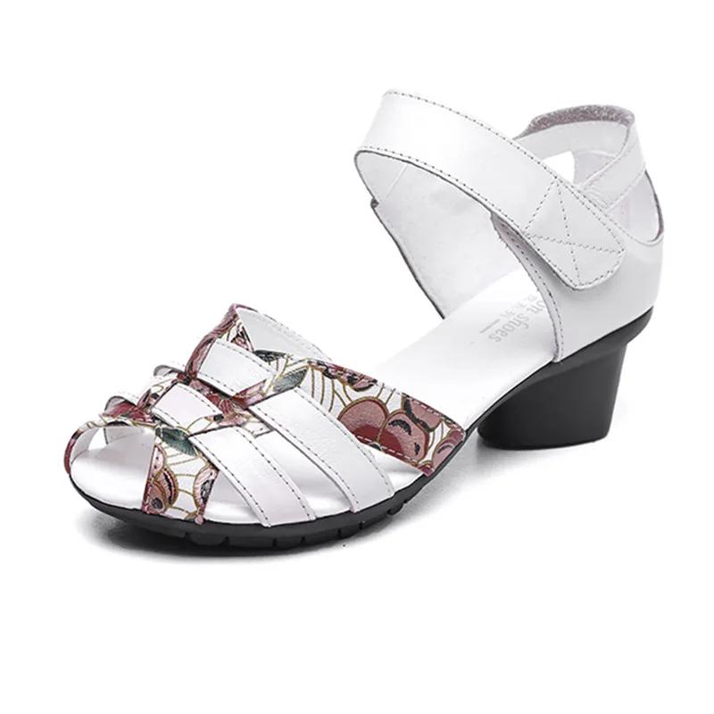 Летние женские сандалии Fish Mouth в стиле ретро, этнические, на толстом каблуке, туфли для мам, мягкие, подошва, одинарные туфли из коровьей кожи, дышащие, полые