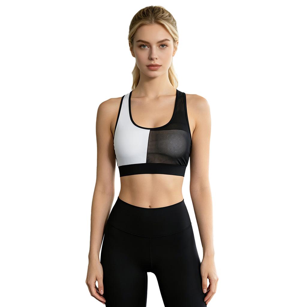 Athletic Crop Tank Top with Removable Pads Color-blocked U Neck Sleeveless Mesh Patchwork Elastic Hem for Women Workout Yoga