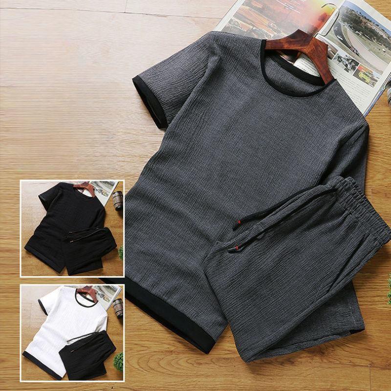 Мужской летний свободный спортивный костюм из ледяного шелка, большой размер, повседневный, с коротким рукавом + капри, комплект из двух предметов