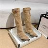Large size pointed toe heel leopard print trouser boots new retro western cowboy boots slim belt buckle knight boots