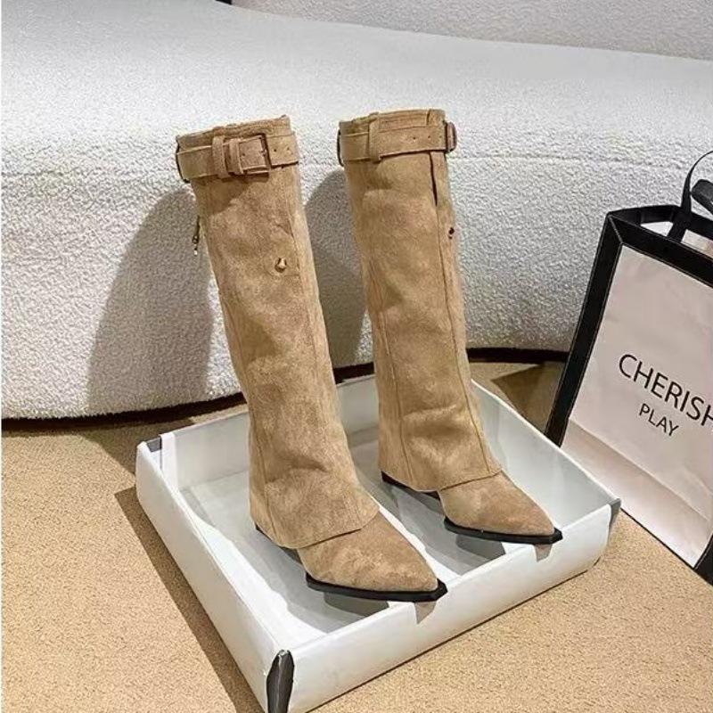 Large size pointed toe heel leopard print trouser boots new retro western cowboy boots slim belt buckle knight boots