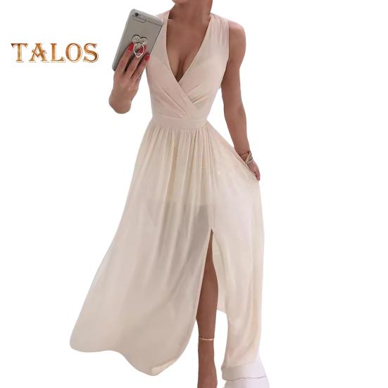 Женское вечернее платье с V-образным вырезом без рукавов, плиссированное подол с разрезом, тонкая талия, длина до пола, сплошной цвет, свадебное коктейльное платье для выпускного вечера, макси-платье