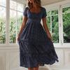 Women Dress Small Flower Print Patchwork A-line Flowy Hem Square Neck Short Bubble Sleeves Pleated Shirring Dating Vacation Midi Dress