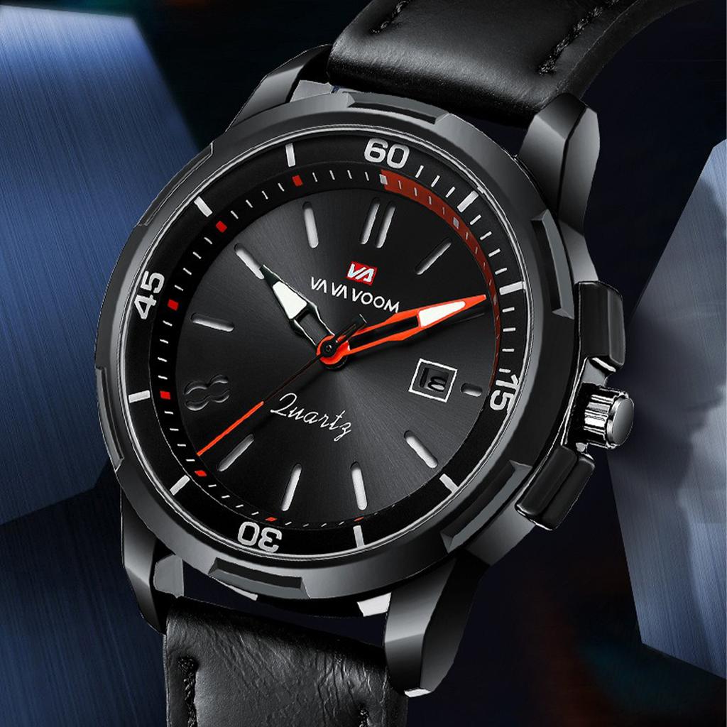 VA VA VOOM Мужские кварцевые часы Business Simple Calendar 30m Водонепроницаемые светящиеся кварцевые часы с кожаным ремешком, модные наручные часы