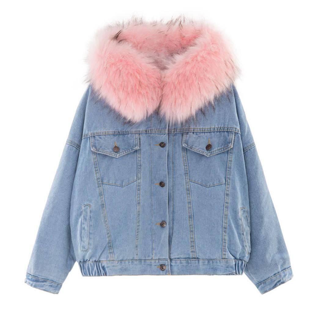 Women's Autumn/Winter Solid Colour Hooded Pocket Plush Denim Jacket Cotton Jacketet