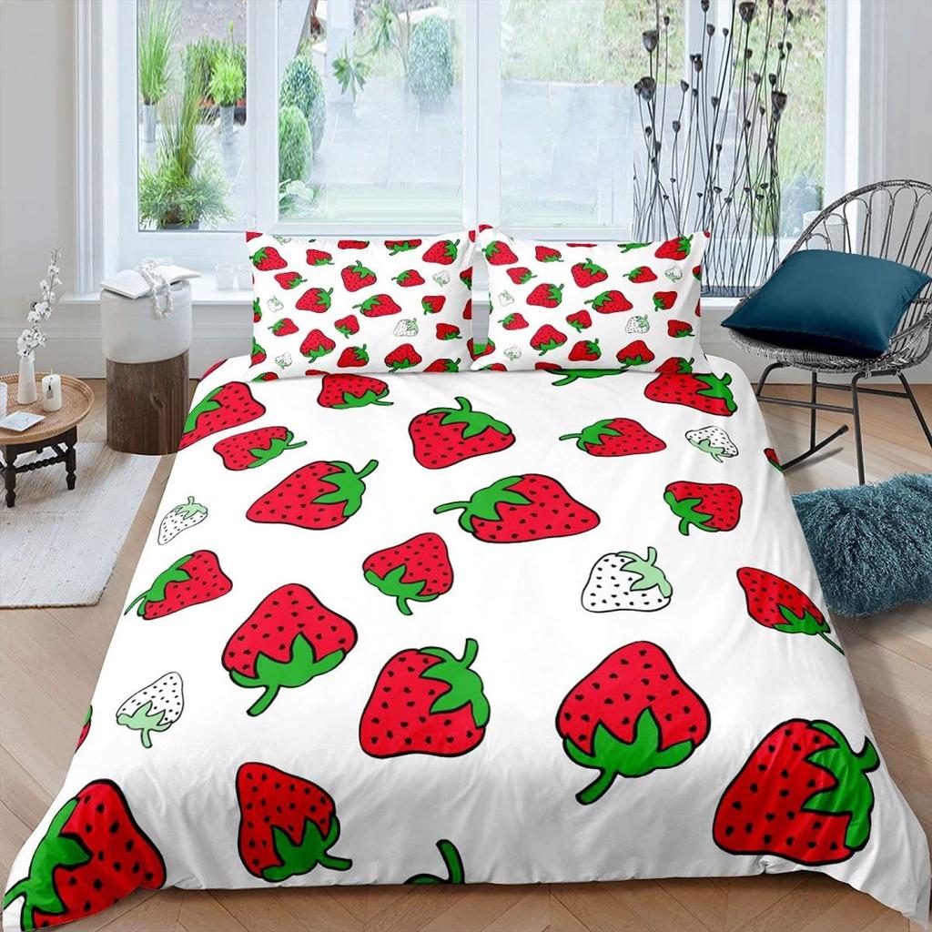 Постельное белье с клубникой для девочек, пододеяльник с сладкой клубникой для детей, розовый, милый мультфильм, фруктовая еда, девичий белый цветочный декор для комнаты