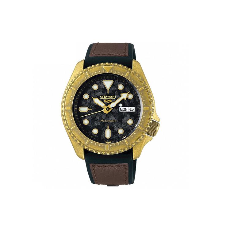 Seiko 5 Механический механизм Искусственная кожа Ремешок Часы Мужские Часы Черный циферблат SRPE80K1