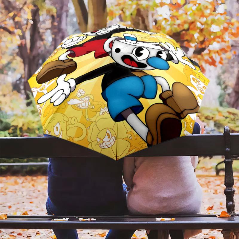 1 PC Automatic Folding Umbrella - Cuphead Cute Cartoon Pattern Portable Foldable Design With 8 Ribs Christmas Birthday Gifts